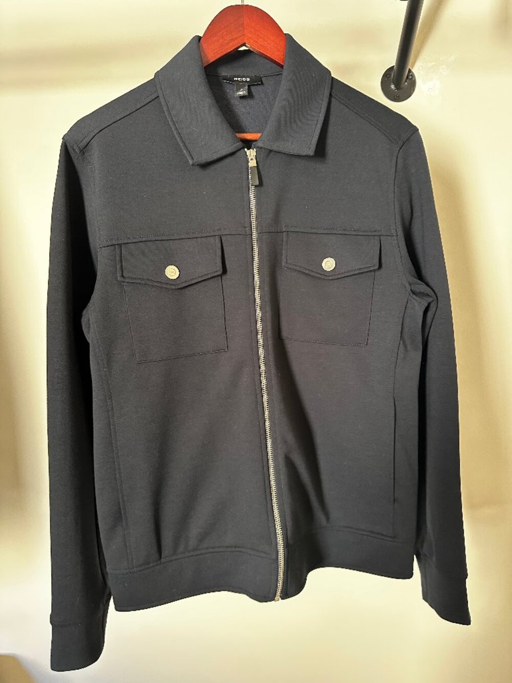 Reiss Medina Premium Interlock Zip-Through Overshirt — Navy — Size Small